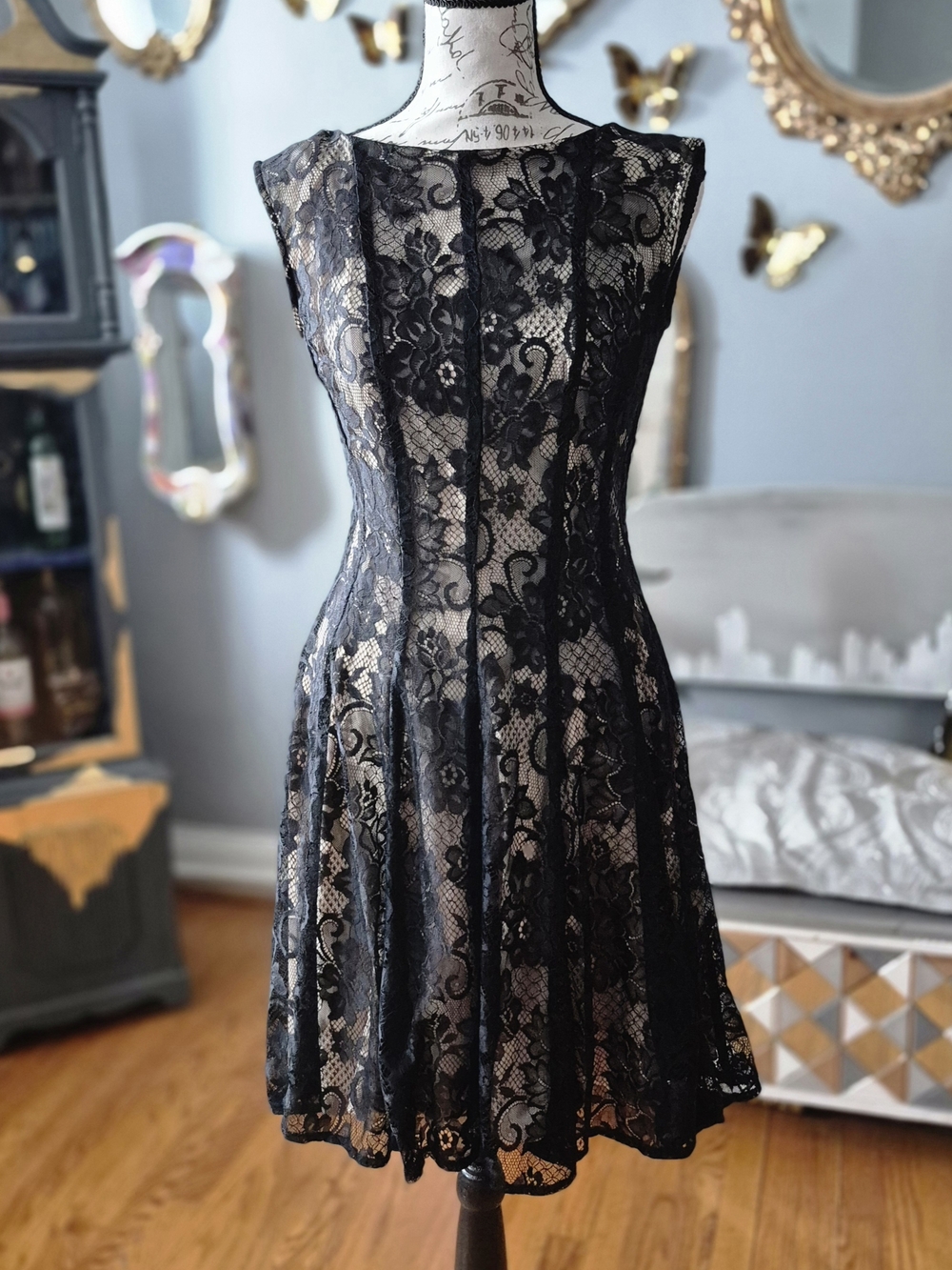 Whimsigoth Romantic Black Lace Dress with Nude Underlay Size 4